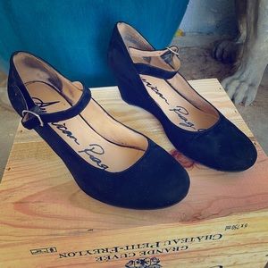 Black faux suede Mary-Jane wedges